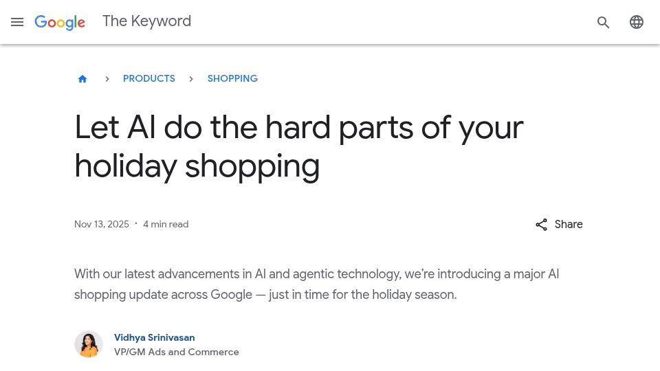 Screenshot of blog.google: Let AI do the hard parts of your holiday shopping