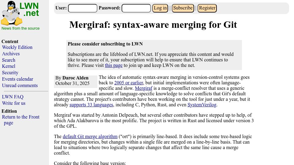 Screenshot of lwn.net: Mergiraf: Syntax-Aware Merging for Git