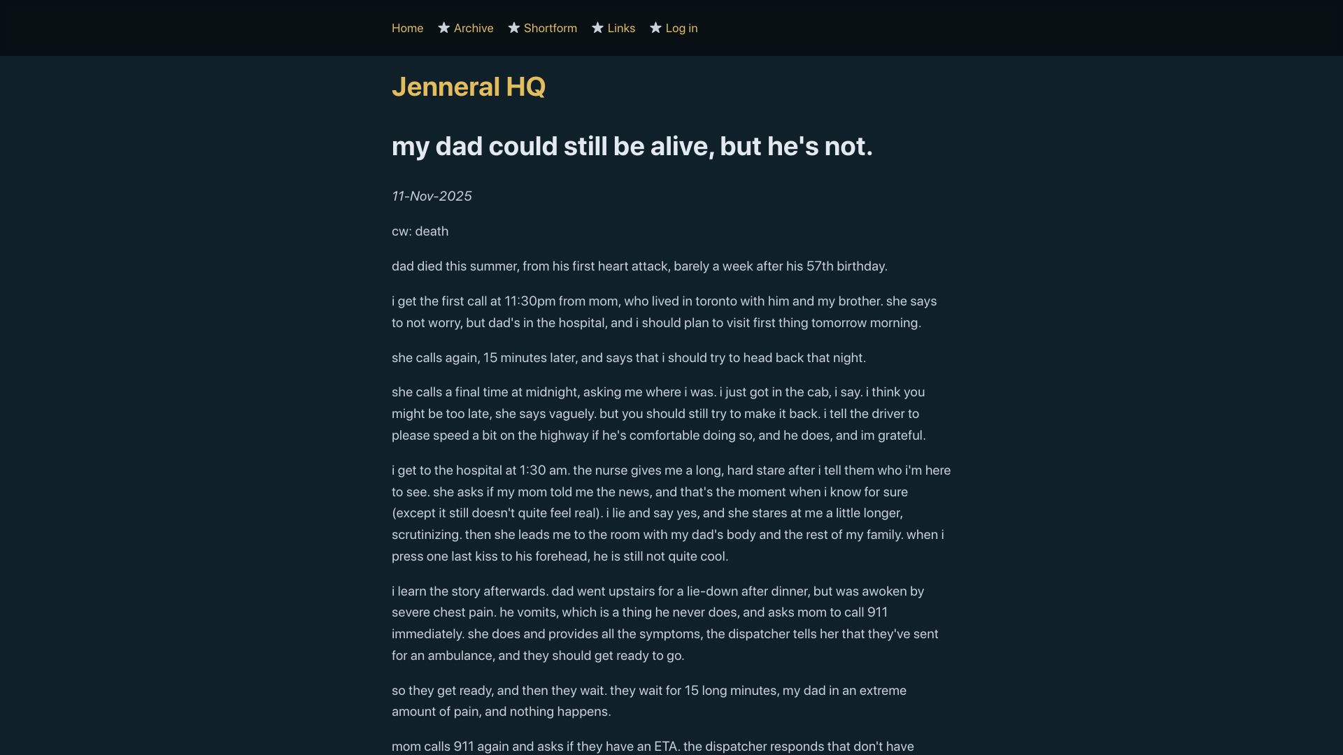 Screenshot of jenn.site: My dad could still be alive, but he's not