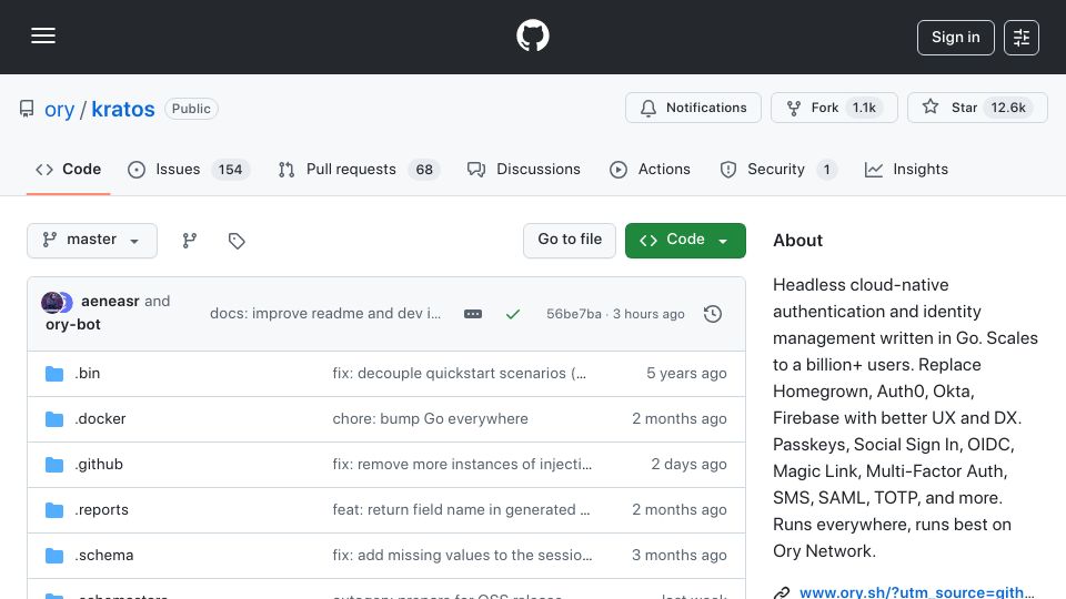 Screenshot of github.com: Kratos - Cloud native Auth0 open-source alternative (self-hosted)