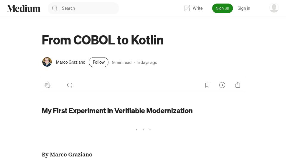 Screenshot of marcoeg.medium.com: COBOL to Kotlin via Formal Models (IR and Alloy and Golden Master)