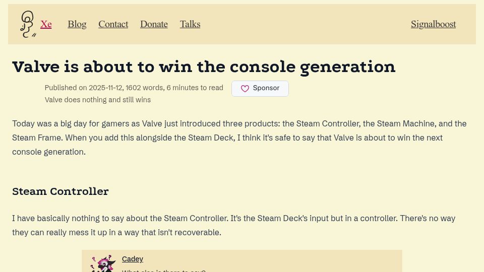 Screenshot of xeiaso.net: Valve is about to win the console generation