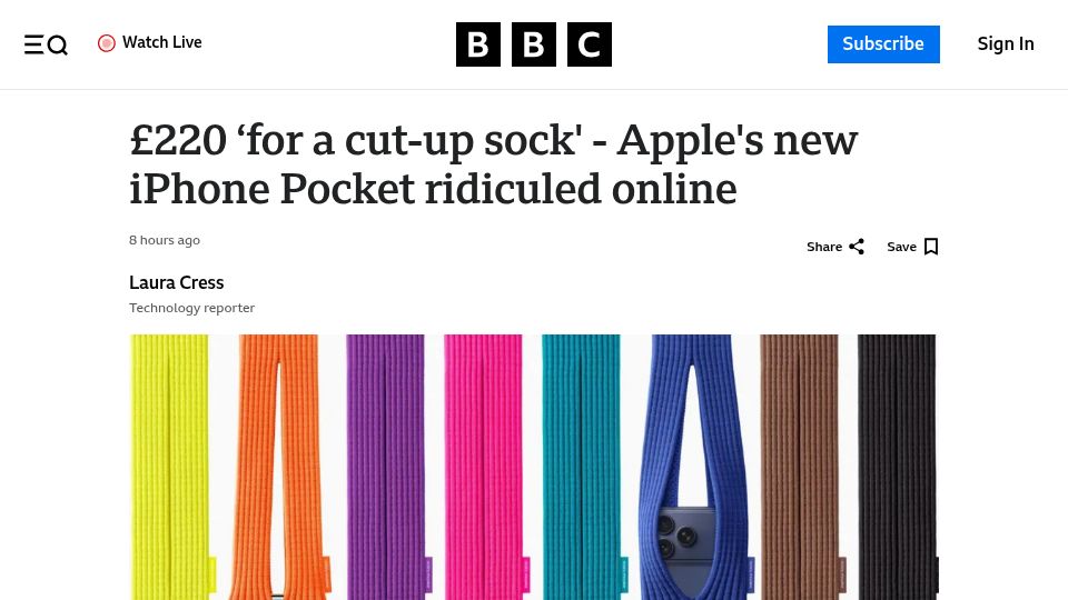 Screenshot of bbc.com: £220 'for a cut-up sock' — Apples's new iPhone Pocket ridiculed online