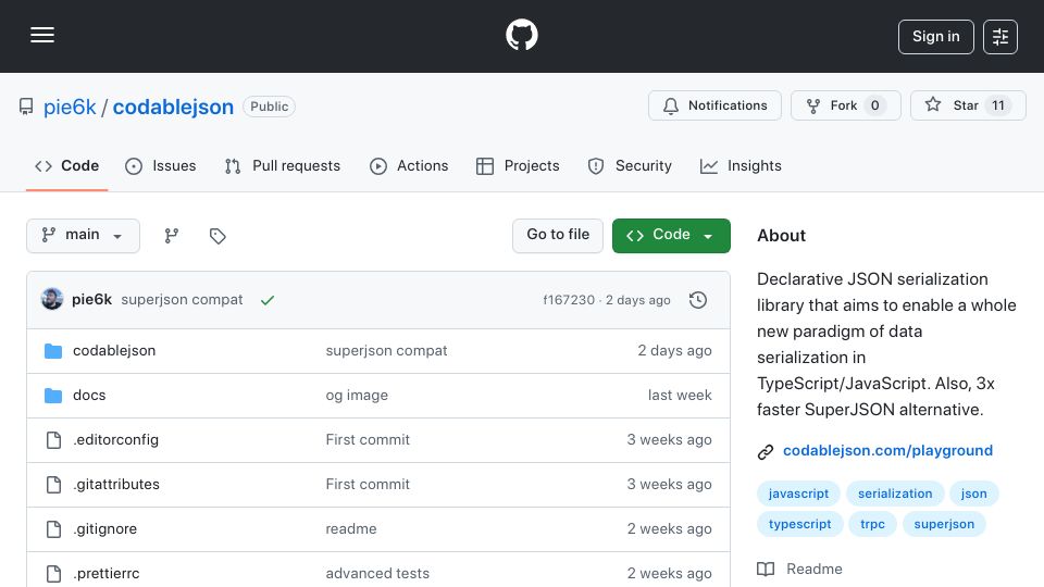 Screenshot of github.com: Codables – Swift-inspired, declarative JSON serialization
