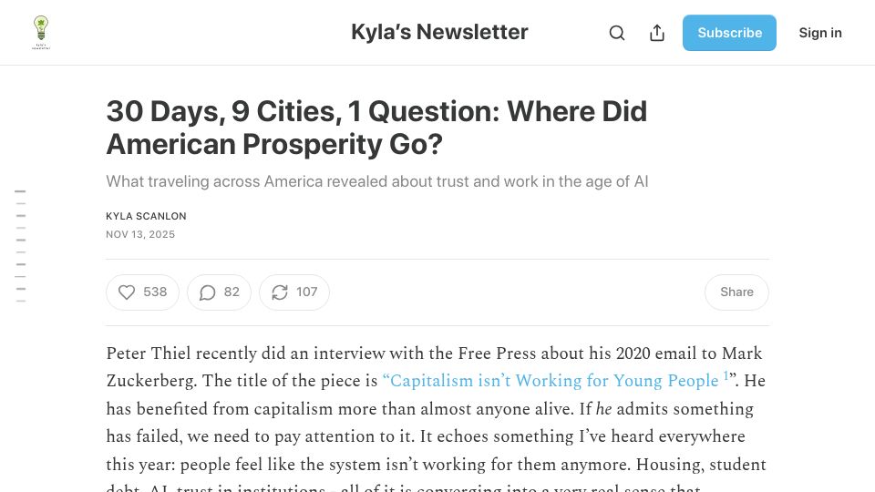 Screenshot of kyla.substack.com: 30 Days, 9 Cities, 1 Question: Where Did American Prosperity Go?
