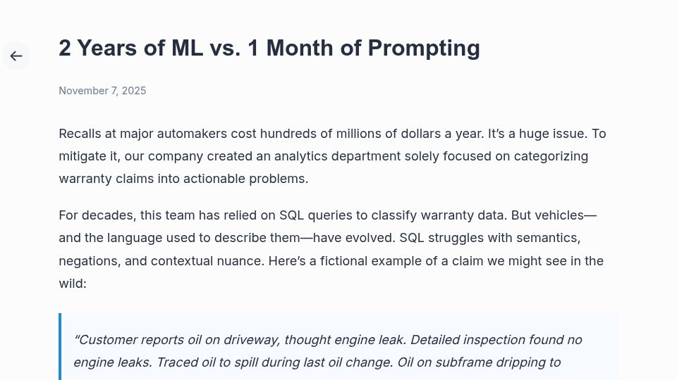 Screenshot of levs.fyi: Honda: 2 years of ml vs 1 month of prompting - heres what we learned