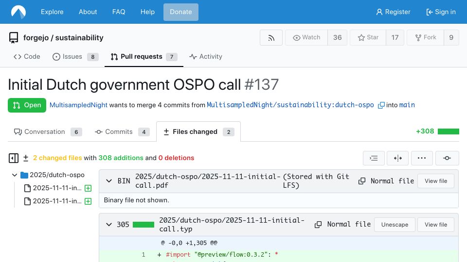 Screenshot of codeberg.org: Meeting notes between Forgejo and the Dutch government via Git commits