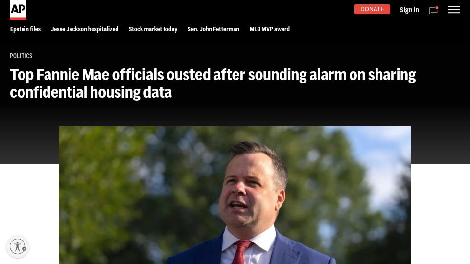 Screenshot of apnews.com: Fannie Mae officials ousted after sounding alarm on sharing confidential data