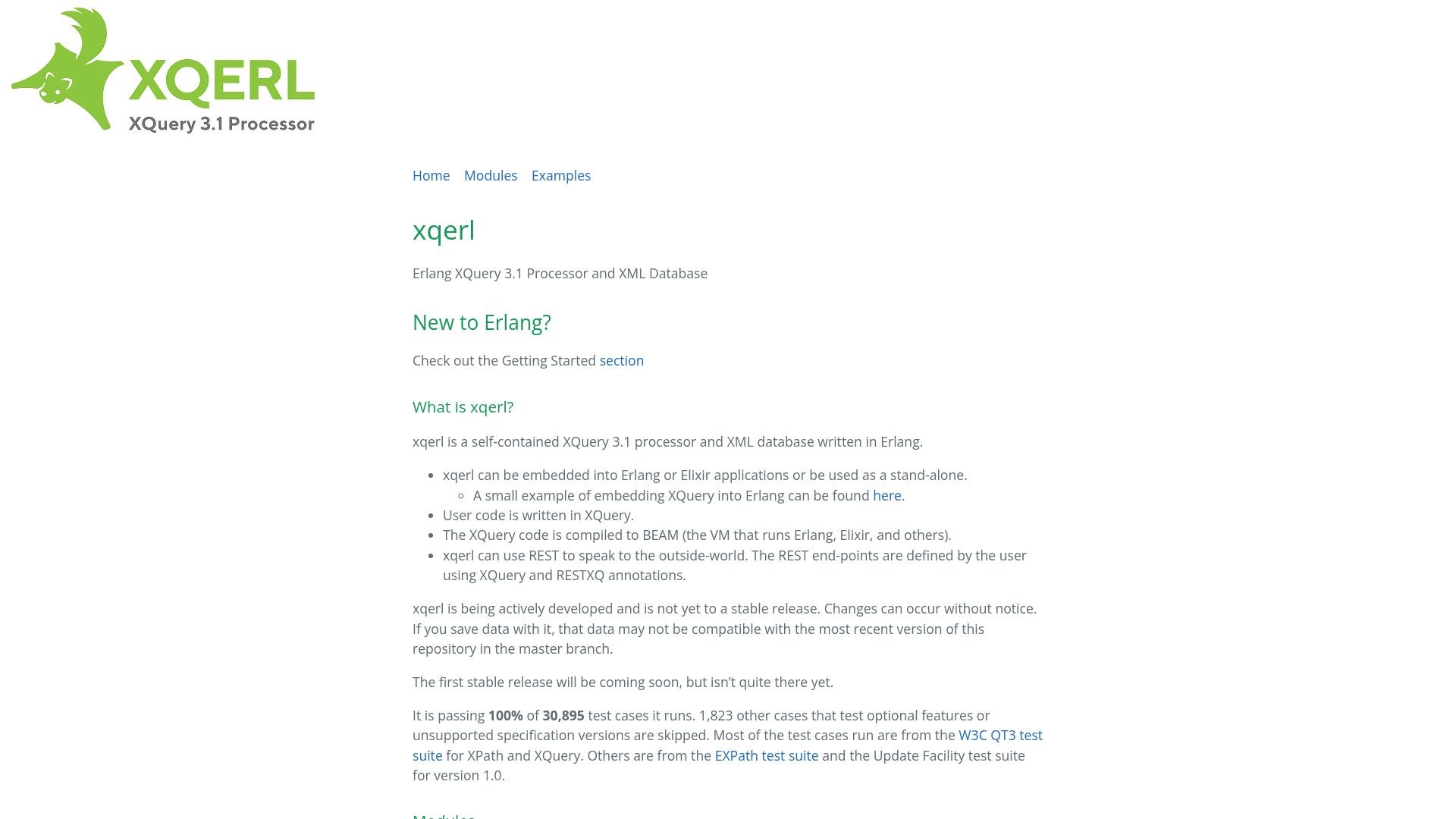 Screenshot of zadean.github.io: Xqerl – Erlang XQuery 3.1 Processor
