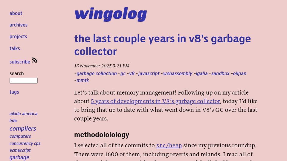 Screenshot of wingolog.org: V8 Garbage Collector