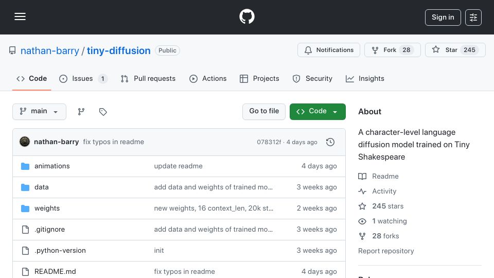 Screenshot of github.com: Show HN: Tiny Diffusion – A character-level text diffusion model from scratch