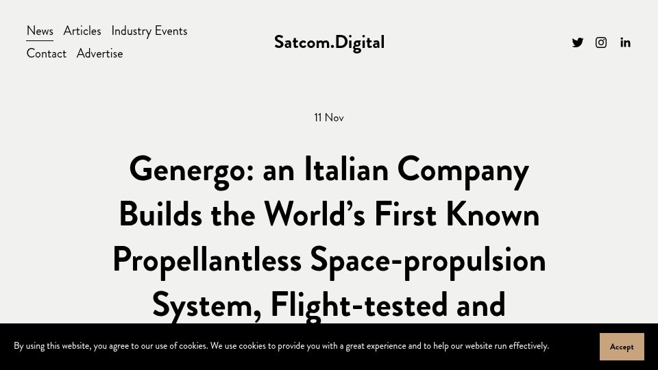Screenshot of satcom.digital: Genergo: Propellantless space-propulsion system