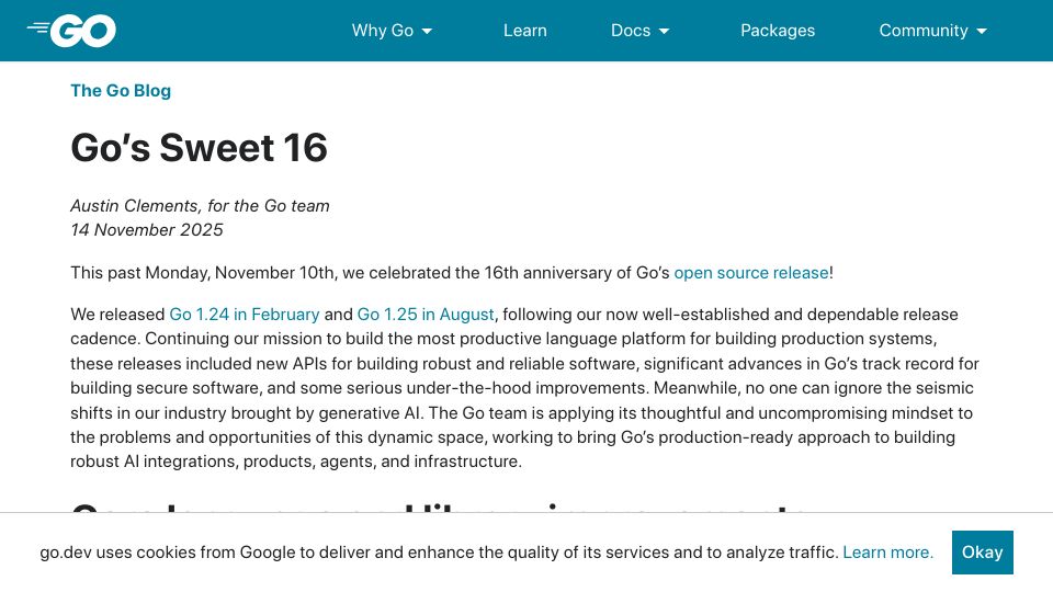 Screenshot of go.dev: Go's Sweet 16