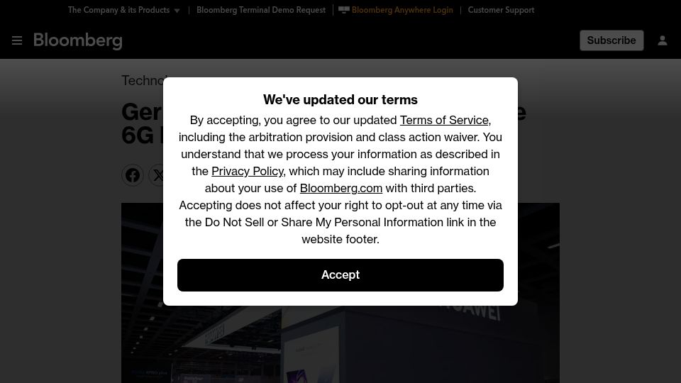 Screenshot of bloomberg.com: Germany to ban Huawei from future 6G network