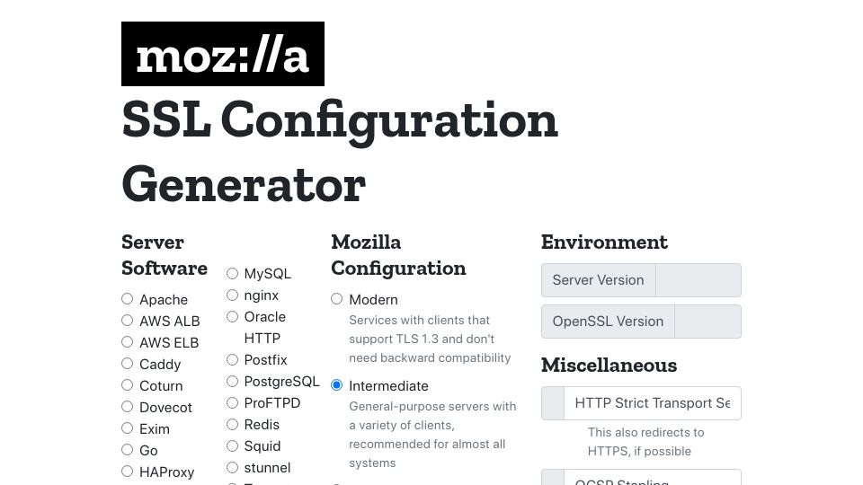 Screenshot of ssl-config.mozilla.org: SSL Configuration Generator