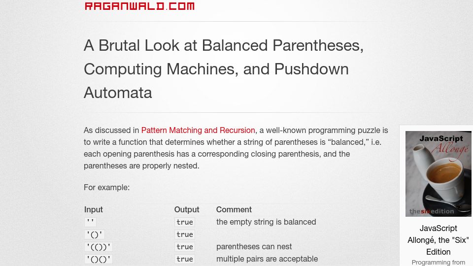 Screenshot of raganwald.com: A Brutal Look at Balanced Parentheses, Computing Machines, and Pushdown Automata