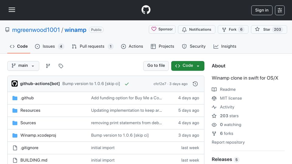 Screenshot of github.com: Winamp clone in Swift for macOS