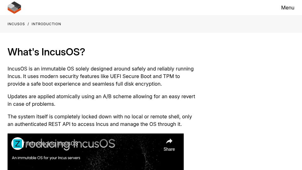Screenshot of linuxcontainers.org: Incus-OS: Immutable Linux OS to run Incus as a hypervisor