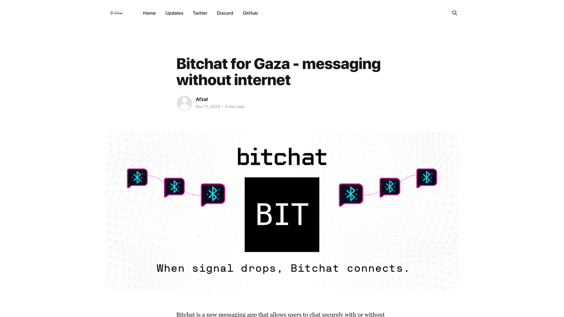 Screenshot of updates.techforpalestine.org: Bitchat for Gaza – messaging without internet