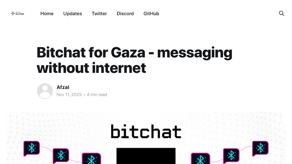 Screenshot of updates.techforpalestine.org: Bitchat for Gaza – messaging without internet
