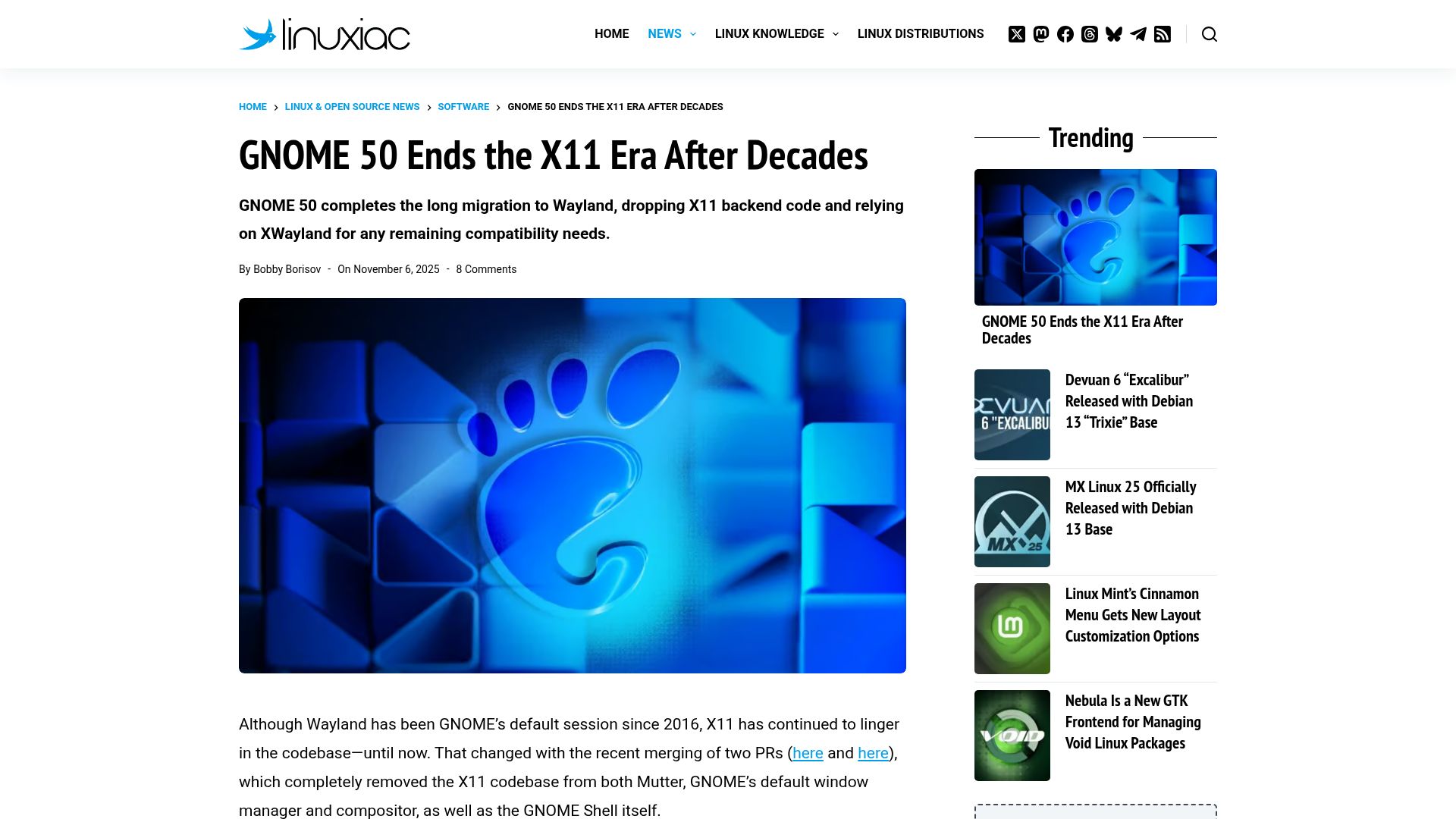 Screenshot of linuxiac.com: Gnome 50 Ends the X11 Era After Decades