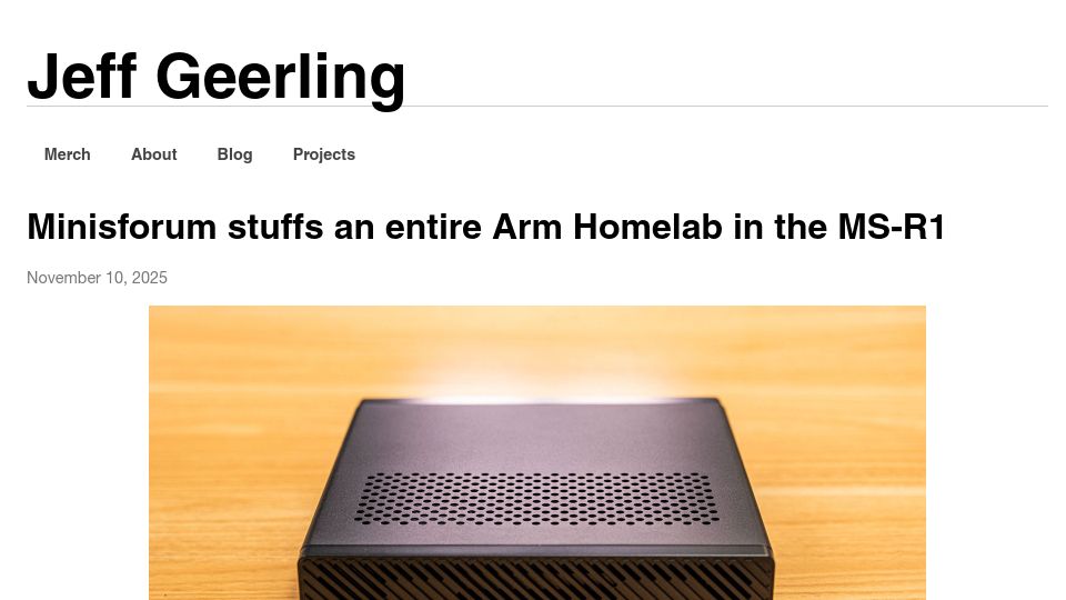 Screenshot of jeffgeerling.com: Minisforum Stuffs Entire Arm Homelab in the MS-R1
