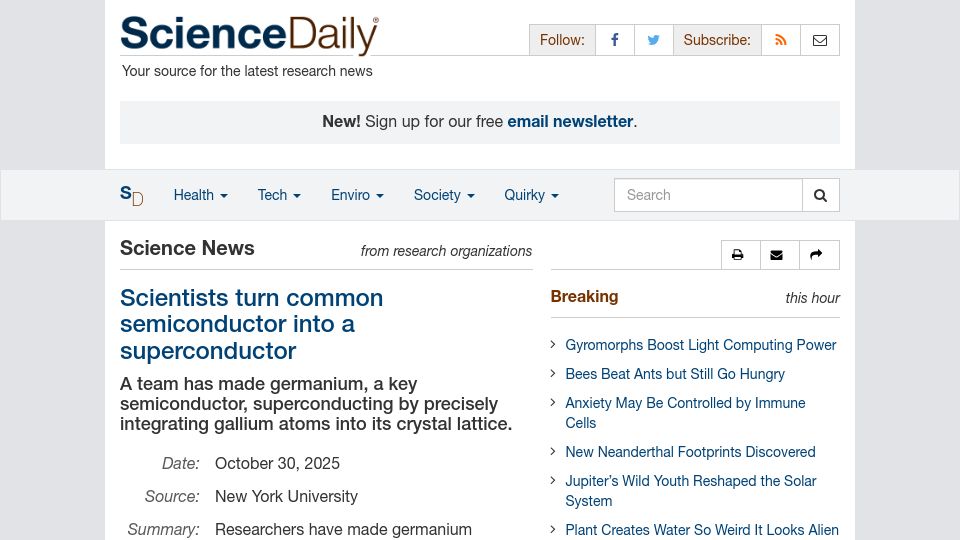 Screenshot of sciencedaily.com: A Common Semiconductor Just Became a Superconductor
