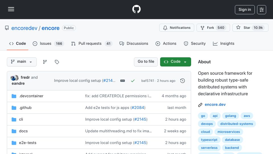 Screenshot of github.com: Show HN: Encore – Type-safe back end framework that generates infra from code