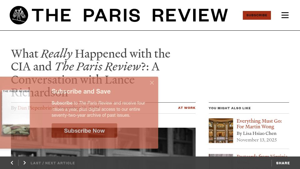 Screenshot of theparisreview.org: What Happened with the CIA and The Paris Review?