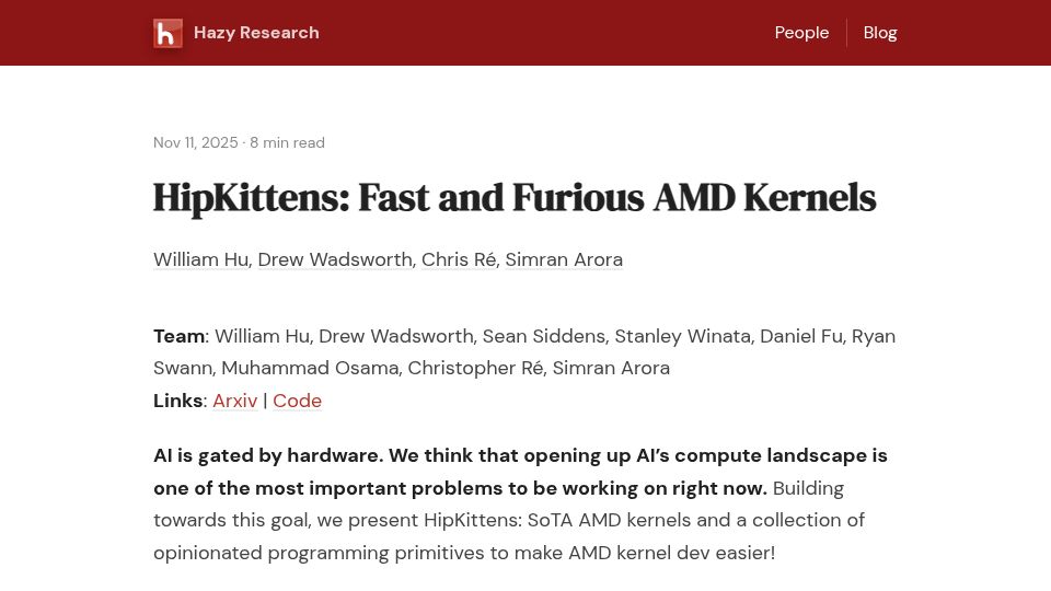Screenshot of hazyresearch.stanford.edu: HipKittens: Fast and furious AMD kernels