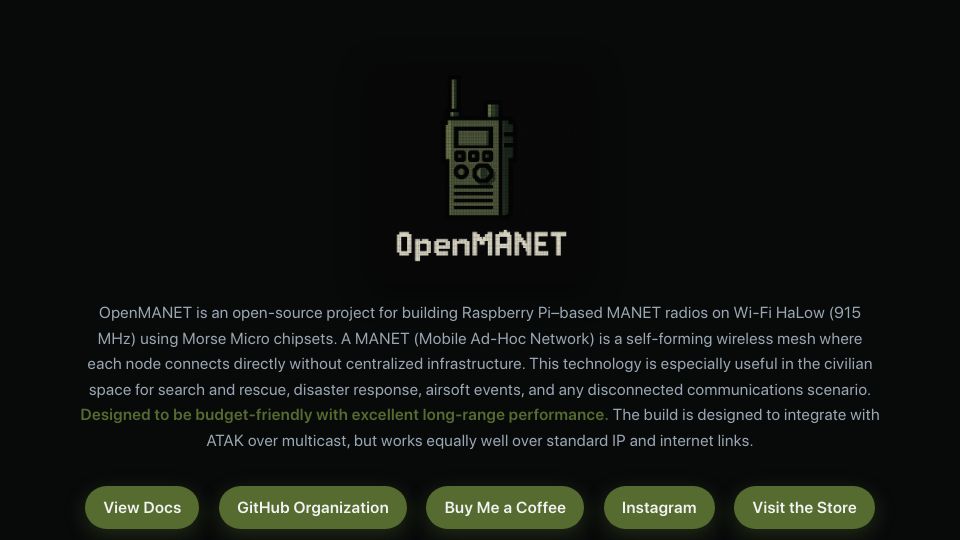 Screenshot of openmanet.net: OpenMANET Wi-Fi HaLow open-source project for Raspberry Pi–based MANET radios