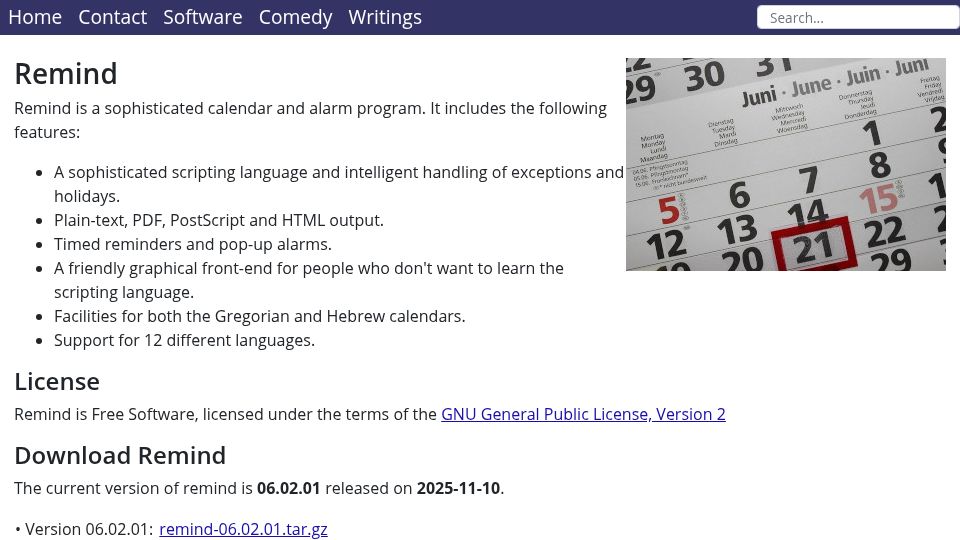 Screenshot of dianne.skoll.ca: Remind: A sophisticated calendar and alarm program