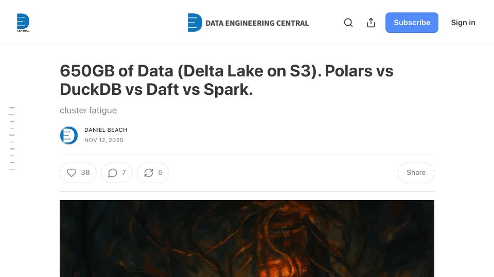 Screenshot of dataengineeringcentral.substack.com: 650GB of Data (Delta Lake on S3). Polars vs. DuckDB vs. Daft vs. Spark