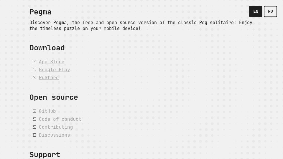 Screenshot of pegma.vercel.app: Show HN: Pegma, the free and open-source version of the classic Peg solitaire