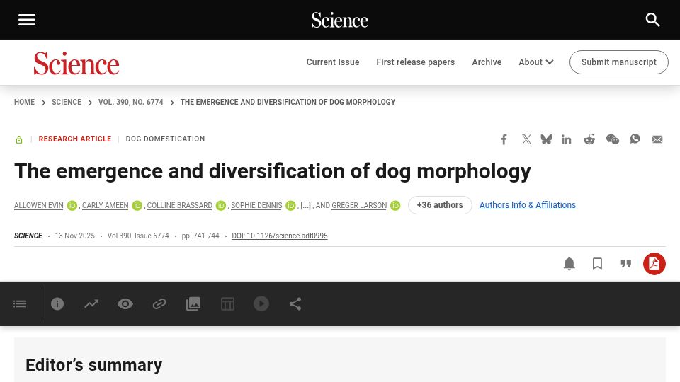Screenshot of science.org: The emergence and diversification of dog morphology