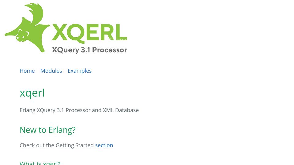 Screenshot of zadean.github.io: Xqerl – Erlang XQuery 3.1 Processor