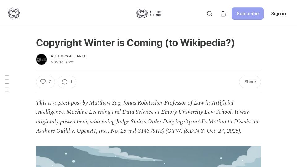 Screenshot of authorsalliance.substack.com: Copyright winter is coming (to Wikipedia?)