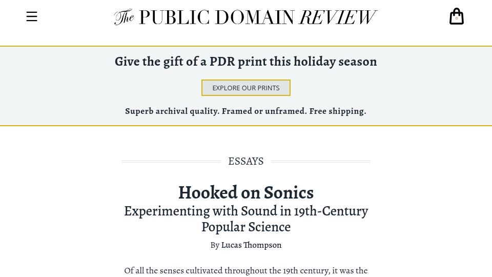 Screenshot of publicdomainreview.org: Hooked on Sonics: Experimenting with Sound in 19th-Century Popular Science