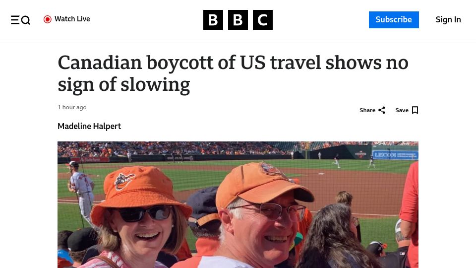 Screenshot of bbc.com: Canadian boycott of US travel shows no sign of slowing