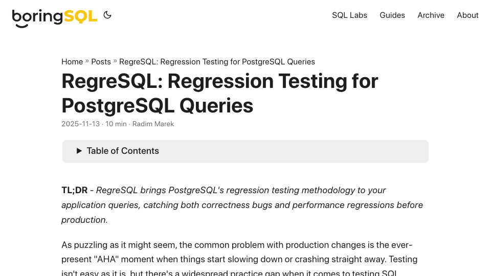 Screenshot of boringsql.com: RegreSQL: Regression Testing for PostgreSQL Queries