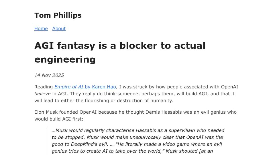Screenshot of tomwphillips.co.uk: AGI fantasy is a blocker to actual engineering