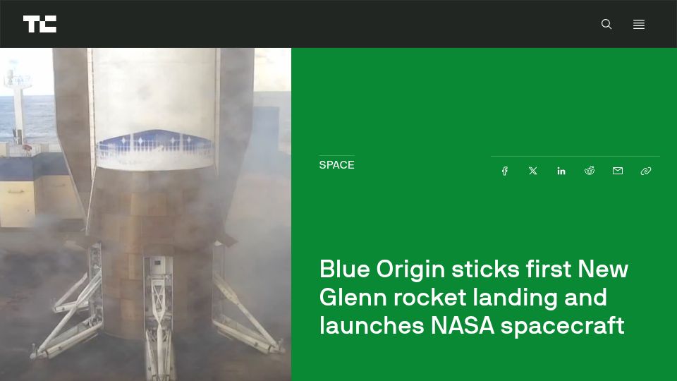 Screenshot of techcrunch.com: Blue Origin lands New Glenn rocket booster on second try