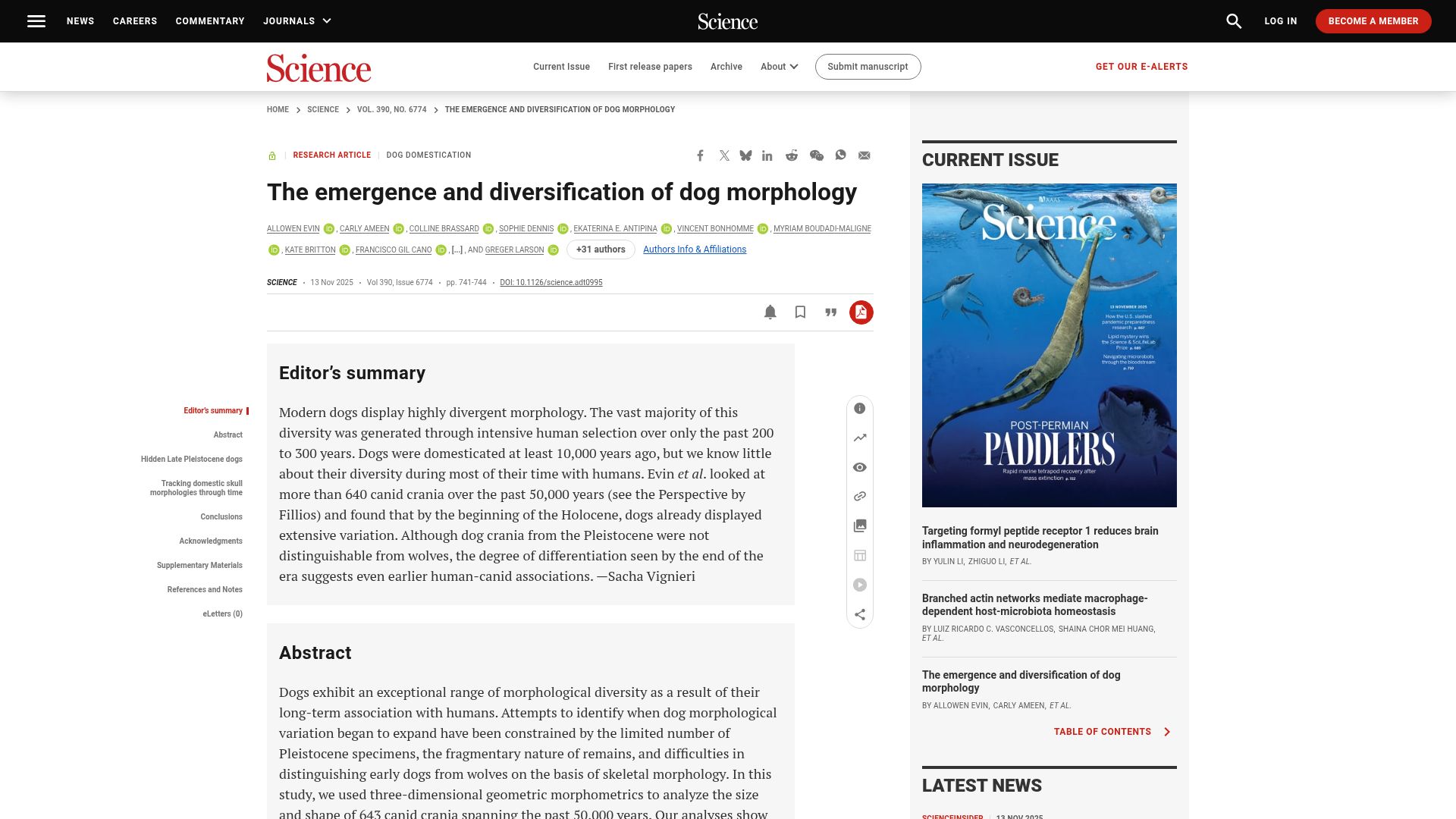 Screenshot of science.org: The emergence and diversification of dog morphology