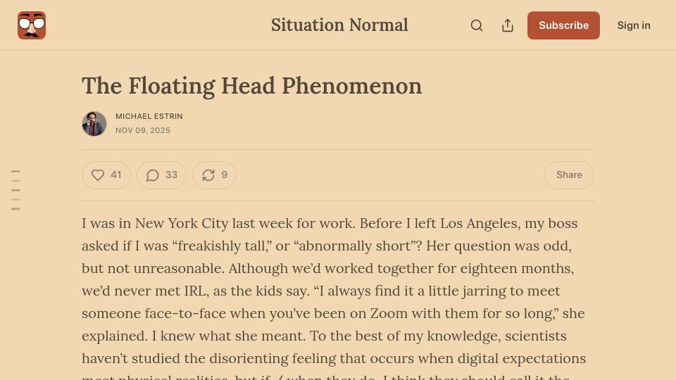 Screenshot of michaelestrin.substack.com: The Floating Head Phenomenon