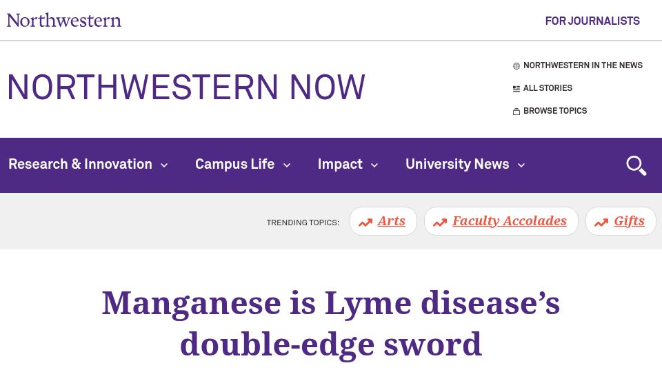 Screenshot of news.northwestern.edu: Manganese is Lyme disease's double-edge sword