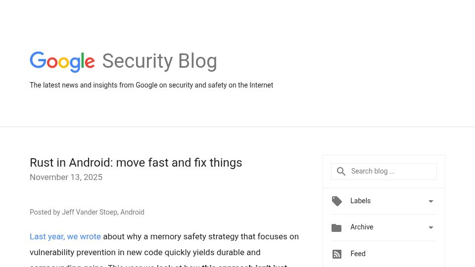 Screenshot of security.googleblog.com: Rust in Android: move fast and fix things