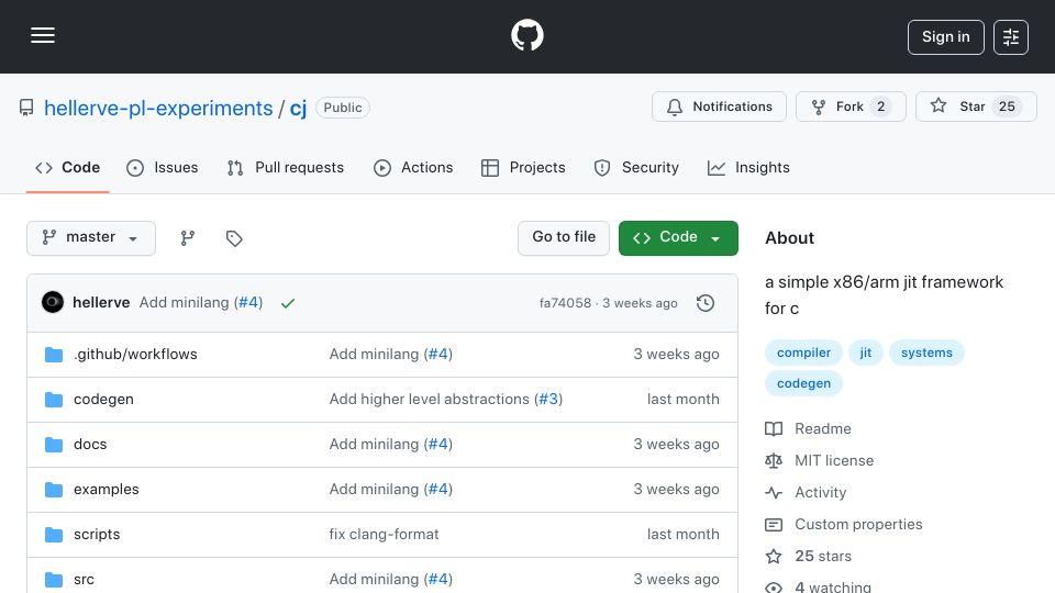 Screenshot of github.com: Show HN: Cj–tiny no-deps JIT in C for x86-64 and ARM64