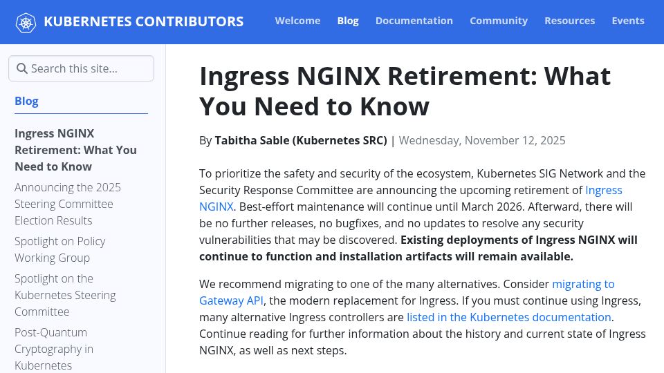 Screenshot of kubernetes.dev: Kubernetes Ingress Nginx is retiring