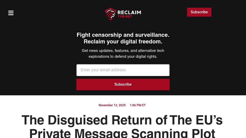 Screenshot of reclaimthenet.org: The disguised return of EU Chat Control