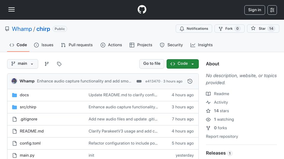 Screenshot of github.com: Show HN: Chirp – Local Windows dictation with ParakeetV3 no executable required